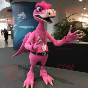 Pink Deinonychus mascot costume character dressed with a Skinny Jeans and Bracelet watches