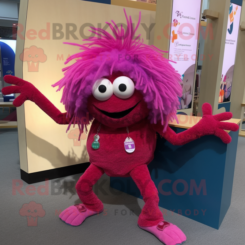 Magenta Spider mascot costume character dressed with a Corduroy Pants and Hair clips