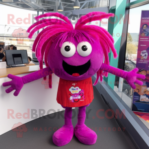 Magenta Spider mascot costume character dressed with a Corduroy Pants and Hair clips