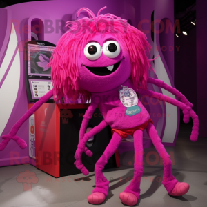 Magenta Spider mascot costume character dressed with a Corduroy Pants and Hair clips