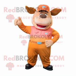 Peach Bull mascot costume character dressed with a Overalls and Gloves