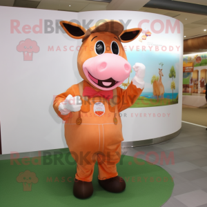 Peach Bull mascot costume character dressed with a Overalls and Gloves
