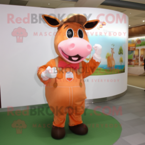 Peach Bull mascot costume character dressed with a Overalls and Gloves