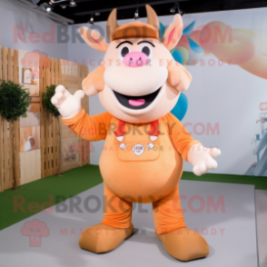 Peach Bull mascot costume character dressed with a Overalls and Gloves