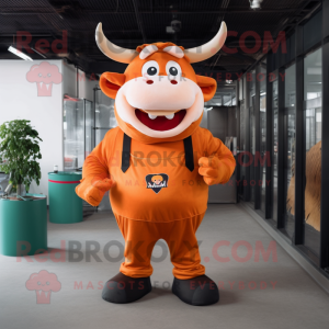 Peach Bull mascot costume character dressed with a Overalls and Gloves