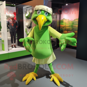 Lime Green Archeopteryx mascot costume character dressed with a Rugby Shirt and Shawl pins
