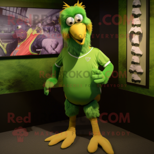 Lime Green Archeopteryx mascot costume character dressed with a Rugby Shirt and Shawl pins