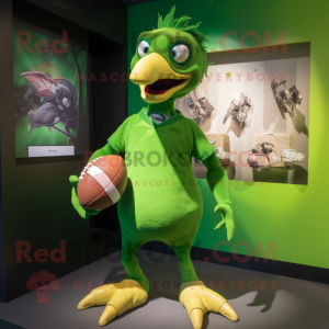 Lime Green Archeopteryx mascot costume character dressed with a Rugby Shirt and Shawl pins