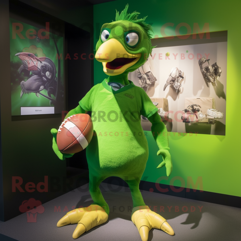 Lime Green Archeopteryx mascot costume character dressed with a Rugby Shirt and Shawl pins