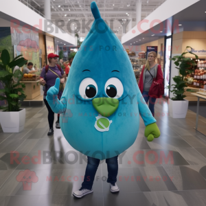 Teal Pear mascot costume character dressed with a Flare Jeans and Caps