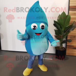 Teal Pear mascot costume character dressed with a Flare Jeans and Caps