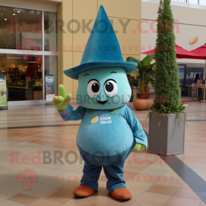 Teal Pear mascot costume character dressed with a Flare Jeans and Caps