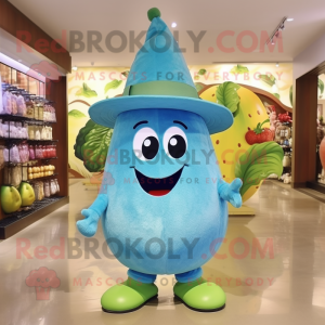 Teal Pear mascot costume character dressed with a Flare Jeans and Caps
