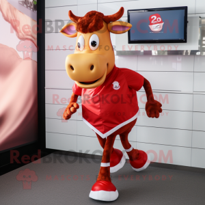 Red Guernsey Cow mascot costume character dressed with a Running Shorts and Coin purses