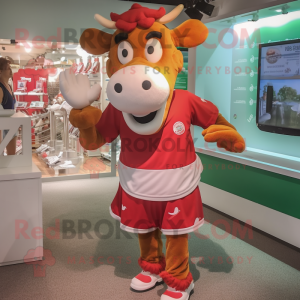 Red Guernsey Cow mascot costume character dressed with a Running Shorts and Coin purses