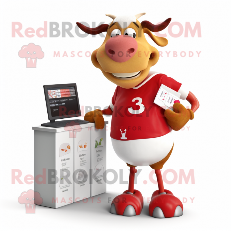 Red Guernsey Cow mascot costume character dressed with a Running Shorts and Coin purses Red Guernsey Cow mascot costume character dressed with a Running Shorts and Coin purses