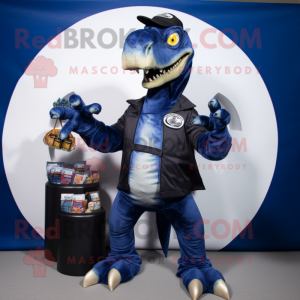 Navy Utahraptor mascot costume character dressed with a Long Sleeve Tee and Coin purses