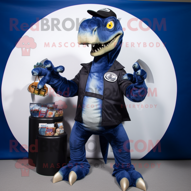 Navy Utahraptor mascot costume character dressed with a Long Sleeve Tee and Coin purses Navy Utahraptor mascot costume character dressed with a Long Sleeve Tee and Coin purses