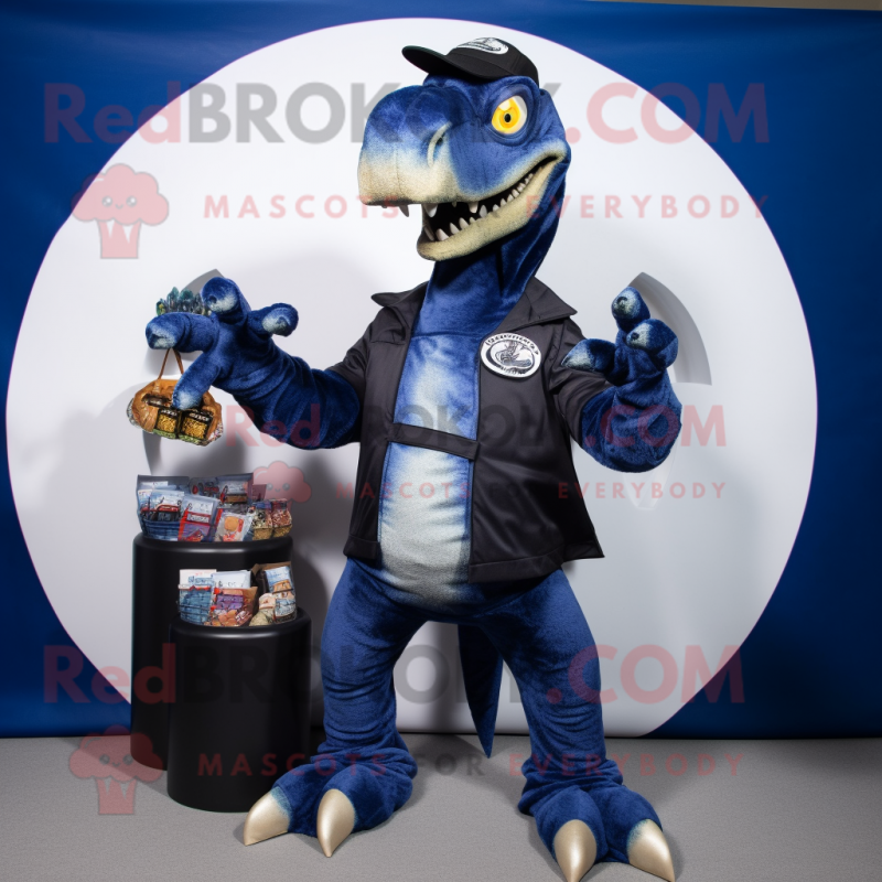 Navy Utahraptor mascot costume character dressed with a Long Sleeve Tee and Coin purses