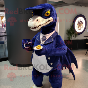 Navy Utahraptor mascot costume character dressed with a Long Sleeve Tee and Coin purses