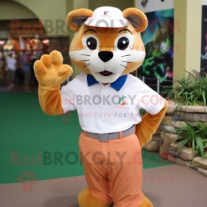 Peach Mountain Lion mascot costume character dressed with a Polo Shirt and Hairpins