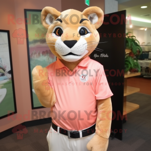 Peach Mountain Lion mascot costume character dressed with a Polo Shirt and Hairpins