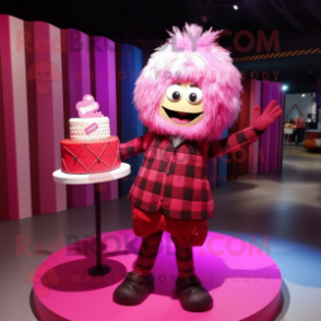 Magenta Wedding Cake mascot costume character dressed with a Flannel Shirt and Handbags