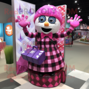 Magenta Wedding Cake mascot costume character dressed with a Flannel Shirt and Handbags