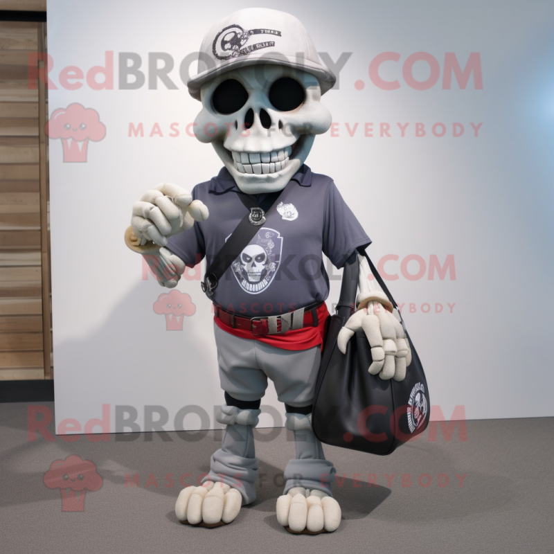 Gray Skull mascot costume character dressed with a Polo Shirt and Messenger bags Gray Skull mascot costume character dressed with a Polo Shirt and Messenger bags