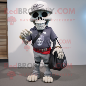 Gray Skull mascot costume character dressed with a Polo Shirt and Messenger bags