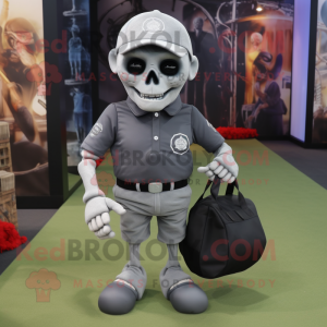 Gray Skull mascot costume character dressed with a Polo Shirt and Messenger bags
