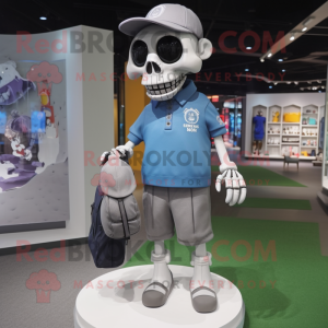 Gray Skull mascot costume character dressed with a Polo Shirt and Messenger bags