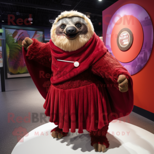 Maroon Giant Sloth mascot costume character dressed with a Circle Skirt and Shawl pins