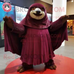 Maroon Giant Sloth mascot costume character dressed with a Circle Skirt and Shawl pins
