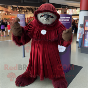 Maroon Giant Sloth mascot costume character dressed with a Circle Skirt and Shawl pins