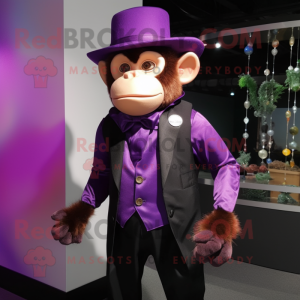 Purple Monkey mascot costume character dressed with a Waistcoat and Hat pins