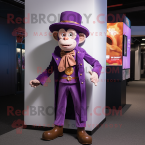 Purple Monkey mascot costume character dressed with a Waistcoat and Hat pins