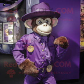 Purple Monkey mascot costume character dressed with a Waistcoat and Hat pins