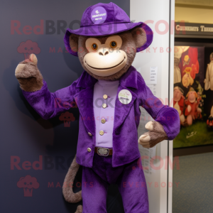Purple Monkey mascot costume character dressed with a Waistcoat and Hat pins