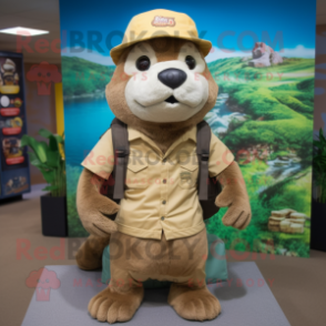 Tan Otter mascot costume character dressed with a Cargo Shorts and Hats