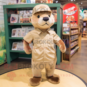 Tan Otter mascot costume character dressed with a Cargo Shorts and Hats