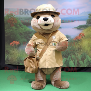 Tan Otter mascot costume character dressed with a Cargo Shorts and Hats