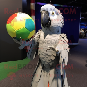 Gray Macaw mascot costume character dressed with a Ball Gown and Headbands