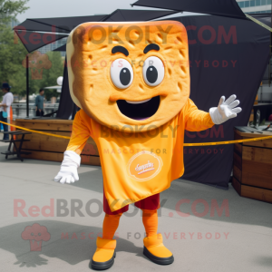 Orange Grilled Cheese Sandwich mascot costume character dressed with a Polo Tee and Gloves