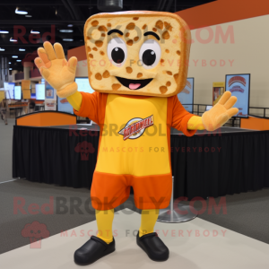 Orange Grilled Cheese Sandwich mascot costume character dressed with a Polo Tee and Gloves