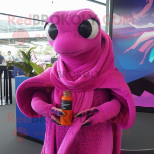 Magenta Python mascot costume character dressed with a Cover-up and Scarves