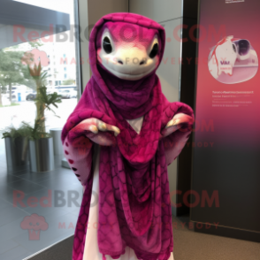 Magenta Python mascot costume character dressed with a Cover-up and Scarves