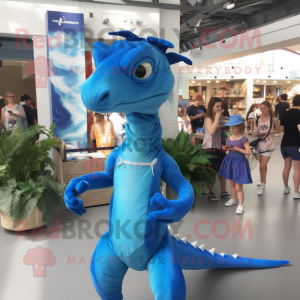 Blue Coelophysis mascot costume character dressed with a Playsuit and Hair clips