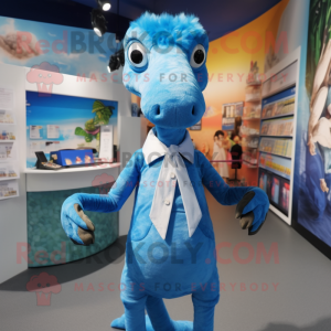 Blue Coelophysis mascot costume character dressed with a Playsuit and Hair clips