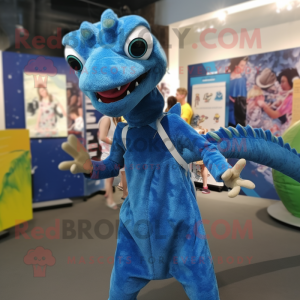 Blue Coelophysis mascot costume character dressed with a Playsuit and Hair clips